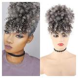LEOSA Short Afro Puff Drawstring Ponytail Bun with Bangs Synthetic Short Kinky Curly Ponytail Updo Hair Extensions with Two Clips,Natural looking Curly Women Hairpieces (1B/GREY)
