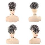 LEOSA Short Afro Puff Drawstring Ponytail Bun with Bangs Synthetic Short Kinky Curly Ponytail Updo Hair Extensions with Two Clips,Natural looking Curly Women Hairpieces (1B/GREY)