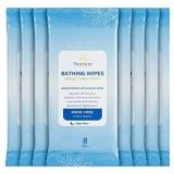 Rinse Free No Shower Bathing Wipes (8-Pack) | 64 Microwavable Adult Cleansing Body Bath Wash Cloths with Aloe Vera & Vitamin E - No Water Required - Latex Lanolin & Alcohol Free - 8 Packs of 8 Wipes