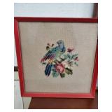 Lot of 2 Wall Decor Pieces. Colorful Cross Stitch Dove and Mountians Views over and Blue Ocean Scene