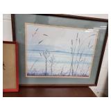 Lot of 2 Wall Decor Pieces. Colorful Cross Stitch Dove and Mountians Views over and Blue Ocean Scene