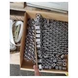 Pallet of 9/16 Sockets. Westward 32mm Combination Wrench. Casters. Extension Cords. and Books on Automotive History