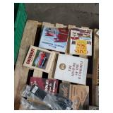 Pallet of 9/16 Sockets. Westward 32mm Combination Wrench. Casters. Extension Cords. and Books on Automotive History