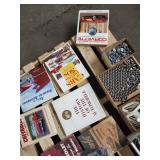 Pallet of 9/16 Sockets. Westward 32mm Combination Wrench. Casters. Extension Cords. and Books on Automotive History