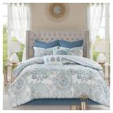 Blue - King- Madison Park Loleta Cotton Printed 8-piece Reversible Comforter Set- Retail:$147.28