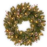 24", Green- 24-inch Glittery Mountain Spruce Wreath with White Edged Cones, Red Berries and Lights