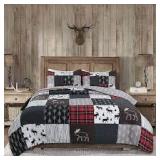 QUEEN SIZE Rustic lodge moose real patchwork reversible quilt set