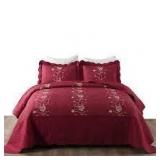 KING SIZE 3 piece Embroidered Cotton Quilt Set Burgundy
