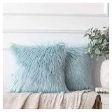 Pair of SWEET HOME Faux Fur 18 inch Decorative Throw pillows plush LIGHT BLUE