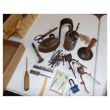 Box of primitives-scraper, date nails, razor, etc.