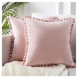 Topfinel Pom Pom Fringes Solid Velvet Throw Pillow Cover (Set of 2) 18x18" -Retail $26.59