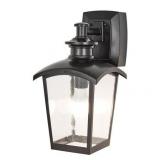 Spence 1-Light Outdoor Wall Lantern With Seeded Glass and Built-In GFCI Outlets, Black Finish