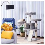 Hey-brother Cat Tree, Cat Tower with Scratching Board,Multi-Level Cat Condo with Basket,Light Grey MPJ009W