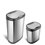 NINESTARS CB-DZT-50-13/12-13 Automatic Touchless Infrared Motion Sensor Trash Can Combo Set, 13 Gal 50L & 3 Gal 12L, Stainless Steel Base (Oval, Silver/Black Lid)
