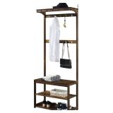 SEIRIONE Coat Rack and Shoe Storage Bench for Entryway, 5 In 1 Design, Hall Tree with 1 Storage Cubby for Mudroom, 10 Hanger Hooks, 1 Top Shelf, 1 Shoe Rack,Bamboo, Vintage