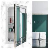 Head West 6297 Metro Beaded Medicine Cabinet, Recess Mount | 3 Adjustable Glass Shelves, Stainless Steel Frame, Installation Freedom with Door Swinging Left or Right, 16" x 26", White and Silver