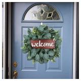 Wreath Welcome Sign for Front Door Rustic Wall Hanging Wood Home Sign with Artificial Eucalyptus 13 Inch Farmhouse Porch Decorations for Home