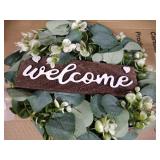 Wreath Welcome Sign for Front Door Rustic Wall Hanging Wood Home Sign with Artificial Eucalyptus 13 Inch Farmhouse Porch Decorations for Home