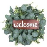 Wreath Welcome Sign for Front Door Rustic Wall Hanging Wood Home Sign with Artificial Eucalyptus 13 Inch Farmhouse Porch Decorations for Home