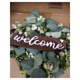 Wreath Welcome Sign for Front Door Rustic Wall Hanging Wood Home Sign with Artificial Eucalyptus 13 Inch Farmhouse Porch Decorations for Home