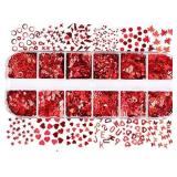 Heart Nail Art Glitter Sequins, Holographic Valentineâs Day Nail Sequin Paillettes 12 Grids 3D Heart Star Butterfly Letter Leaf Nail Glitter Flakes for Women DIY Nail Art Decorations Manicure Des