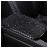 Women Fashion Bling Armrest Cover for Car, Soft Velvet & Diamonds Design Glitter Rhinestone Auto Center Console Cover Pad, Black, Universal Fit, bonus 2 seat belt covers