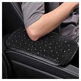 Women Fashion Bling Armrest Cover for Car, Soft Velvet & Diamonds Design Glitter Rhinestone Auto Center Console Cover Pad, Black, Universal Fit, bonus 2 seat belt covers