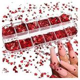 Red Heart Glitter Nail Sequins - 3D Nail Art Flakes Colorful Confetti Glitter Sticker Decals Manicure Nail Art Design Makeup DIY Decoration for Valentine