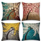 ULOVE LOVE YOURSELF Cotton Linen Throw Pillow Case Oil Painting Square Home Decorative Cushion Cover for 18 X 18 Inches Pillow Inserts, 4Pack Multicolor Trees