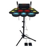 9 Pads) Electronic Drum Set with Light Up Drumsticks and Stand, Electronic Drum Pad with 5 Different Drum Kit, 10 Unique Rhythms, Bulit-in Double Speakers, Roll Up Drum Kit, Kids Drum Set