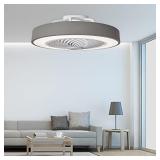 PASUTO Round Gray Ceiling Fan Light, Invisible Blade Dimmable Chandelier, with Remote Control, Suitable for Bedroom, Living Room and Kitchen