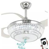 BAYSQUIRREL Retractable Crystal Ceiling Fan with Light and Bluetooth Speaker, Silent Bluetooth Ceiling Fan with Remote Control 7 Changing Color 36W (42 inch