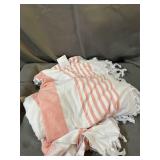 Cottonna 100% Luxury Turkish Cotton Oversized Beach Blanket, 80" by 80", Peshtemal Front with Terry Loop Back, Fouta Blanket, Throw, Peshterry Beach Towel Queen Size (Coral Stripes)