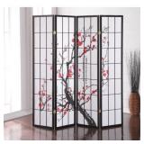 Roundhill Furniture Japanese Plum Blossom 4 Panel Room Divider, 71" Tall, Black