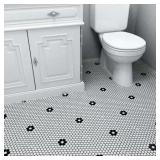 SomerTile Metro Penny White with Black Flower 9.75" x 11.5" Porcelain Mosaic Floor and Wall Tile- Retail:$176.49