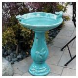 Alpine 24-Inch Ceramic Antique Pedestal Birdbath and Bird Figurines, Turquoise- Retail:$106.97
