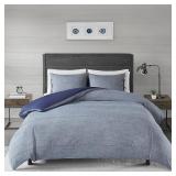 Full - Queen- Madison Park Norris Denim Blue Cotton Yarn Dye Duvet Cover Set- Retail:$107.98