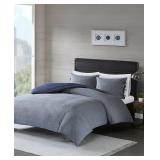 Full - Queen- Madison Park Norris Denim Blue Cotton Yarn Dye Duvet Cover Set- Retail:$107.98