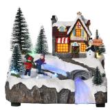 HOMCOM Christmas Village Rotating Skating Pond Animated Winter Wonderland Set with Multicolored LED Light, Music