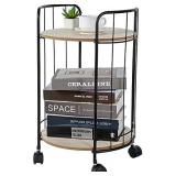 TFer Round Side Table 2-Tier Movable Modern End Table with Wheels Wood and Metal Nightstand Organizer Boho Narrow Coffee Table