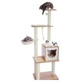 Made4Pets Cat Tree Cat Tower for Indoor Cats 65.6 Inches Modern Wood Cat Condo with Scratching Post for Large Cats Climbing, Multi-Level Tall Cat Tower Tree House with Hammock for Kitten Play and Rest