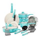 GreenLife Soft Grip Healthy Ceramic Nonstick, Cookware Pots and Pans Set, 16 Piece, Turquoise
