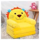 HIGOGOGO Cartoon Foldable Kids Sofa, Plush Lion Shape Children Couch Backrest Armchair Bed with Pocket, Upholstered 2 in 1 Flip Open Infant Baby Seat for Living Room Bedroom, Yellow