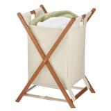 mDesign Bamboo Wood Laundry Hamper Sorter Cart, Portable and Collapsible Folding Clothes Basket Storage with Removable Poly/Cotton Liner Fabric Bag, X Frame - Vintage