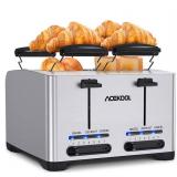 Toaster 4 Slice, Stainless Steel Toasters with Bagel, Cancel and Defrost Function, Dual Control, 1.6 inch Extra-wide Slot, 7 Toasting Levels Toaster with Removable Crumb Trays & Warming Rack 1500W TA1