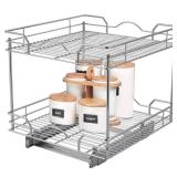 Pull Out Cabinet Organizerï¼11"W x 18"D x 16.4"H ), 2 Tier Heavy Duty Slide Out Kitchen Cabinet Shelves, Sliding Drawer for Cabinet , Wire Frame, Chrome Finish