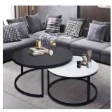 Round Coffee Tables,2 Round Nesting Table Set Circle Coffee Table with Storage Open Shelf for Living Room Modern Minimalist Style Furniture Side End Table of Stable(Black & White)