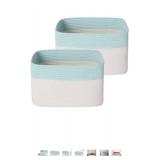 ANMINY 2PCS Woven Cotton Rope Storage Baskets with Handles Large Washable Laundry Basket Set Decorative Storage Bins Boxes Nursery Baby Kid Toy Blanket Clothes Towel Organizer - White/Light Blue