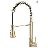 SHAMANDA Brass Kitchen Faucet High Arc Spring Kitchen Sink Faucet with Sprayer Single Handle Hole Pull Down Bar Sink Faucet Brushed Gold, L60001-3