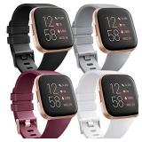 [4 Pack] Bands Compatible with Fitbit Versa 2, Fitbit Versa, Versa Lite/SE, Assorted Soft Silicone Patterned Wristbands, Black/Wine Red/White/Grey, Small